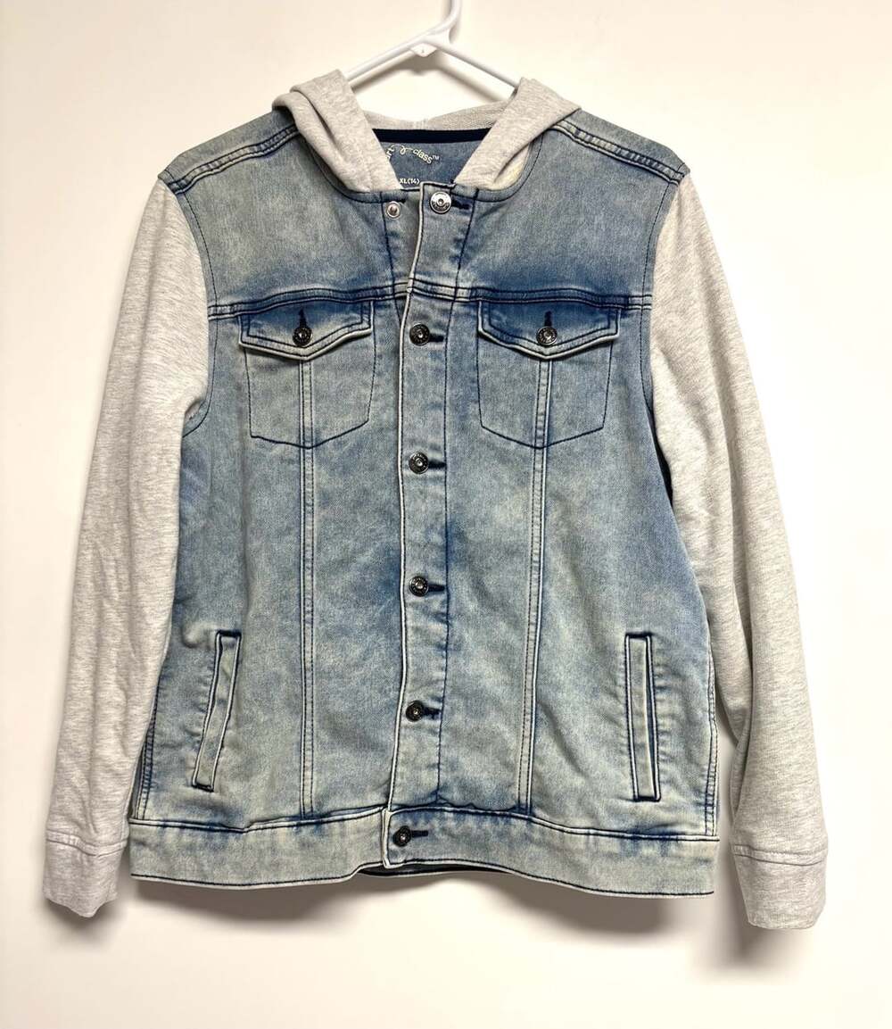 Art Class Denim Jacket With Hoodie Size XL(14) Blue Wash Fleece Sleeves